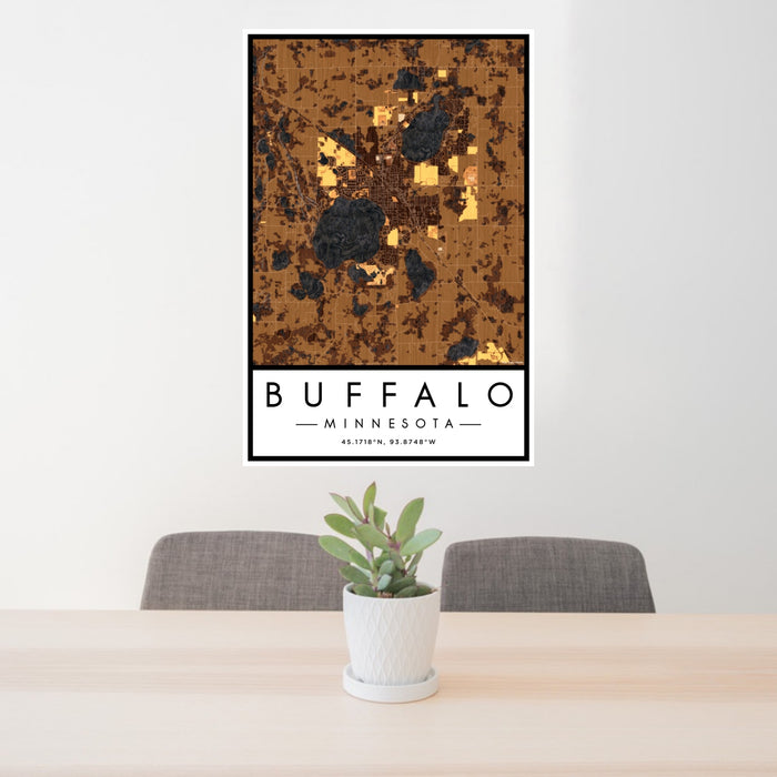 24x36 Buffalo Minnesota Map Print Portrait Orientation in Ember Style Behind 2 Chairs Table and Potted Plant