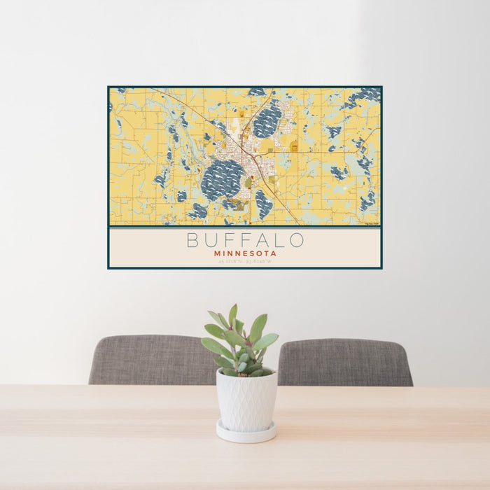 24x36 Buffalo Minnesota Map Print Lanscape Orientation in Woodblock Style Behind 2 Chairs Table and Potted Plant
