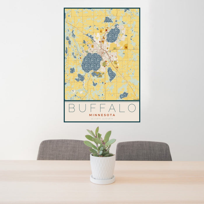 24x36 Buffalo Minnesota Map Print Portrait Orientation in Woodblock Style Behind 2 Chairs Table and Potted Plant