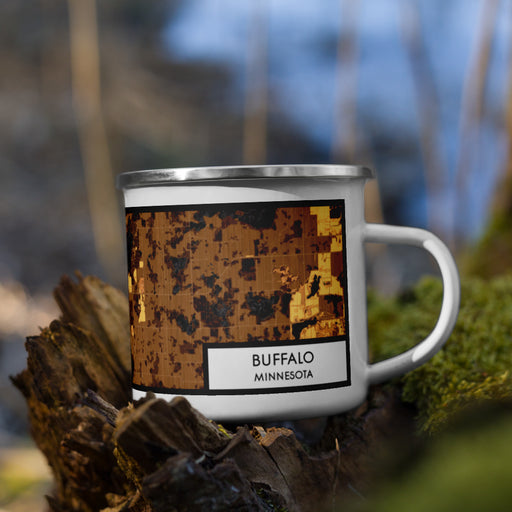 Right View Custom Buffalo Minnesota Map Enamel Mug in Ember on Grass With Trees in Background