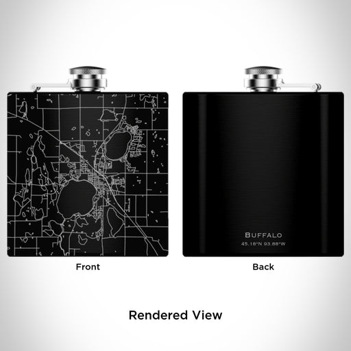 Rendered View of Buffalo Minnesota Map Engraving on 6oz Stainless Steel Flask in Black