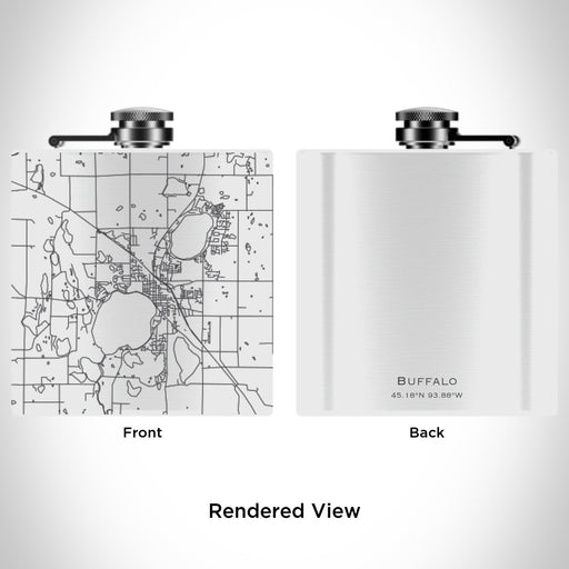 Rendered View of Buffalo Minnesota Map Engraving on 6oz Stainless Steel Flask in White
