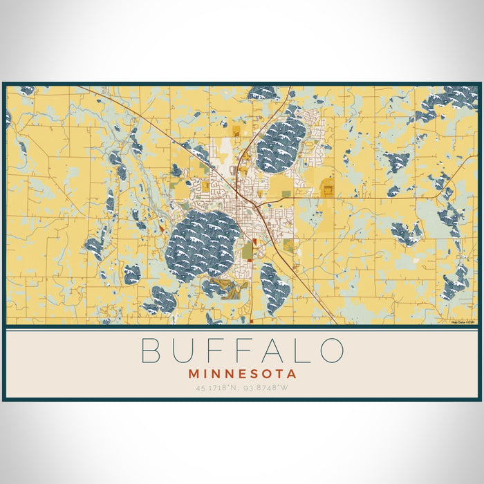 Buffalo Minnesota Map Print Landscape Orientation in Woodblock Style With Shaded Background