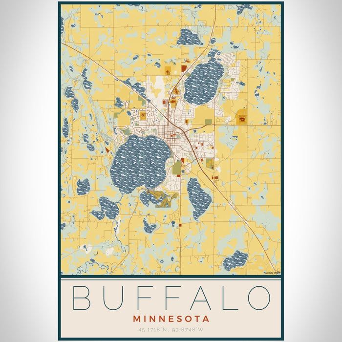Buffalo Minnesota Map Print Portrait Orientation in Woodblock Style With Shaded Background