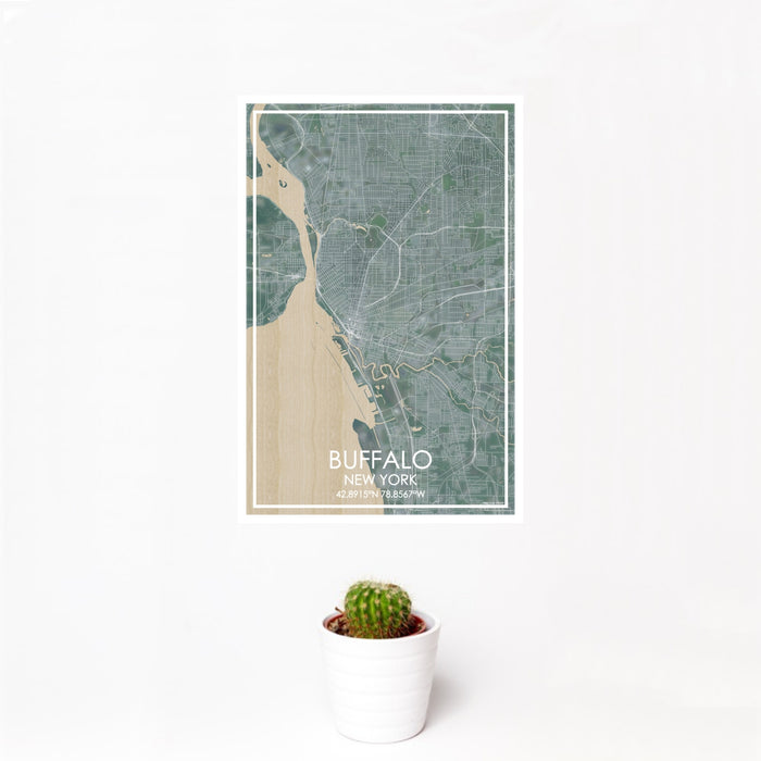 12x18 Buffalo New York Map Print Portrait Orientation in Afternoon Style With Small Cactus Plant in White Planter