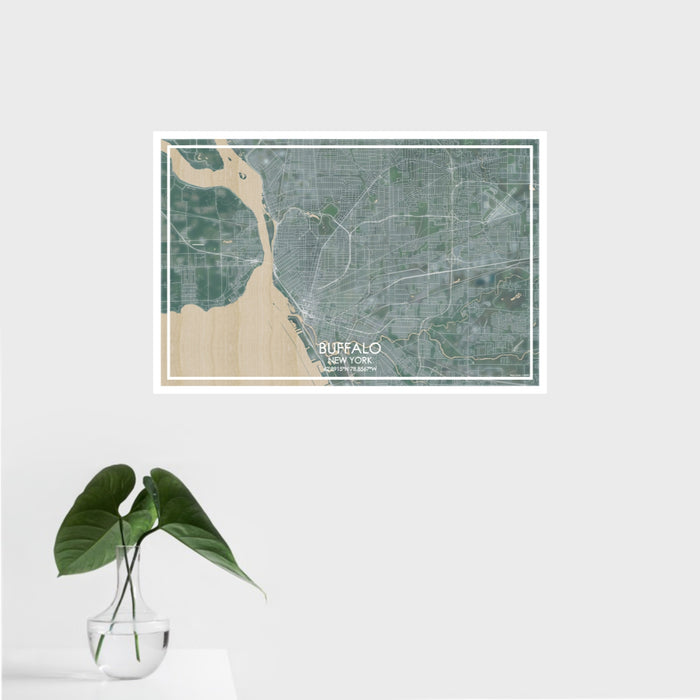16x24 Buffalo New York Map Print Landscape Orientation in Afternoon Style With Tropical Plant Leaves in Water