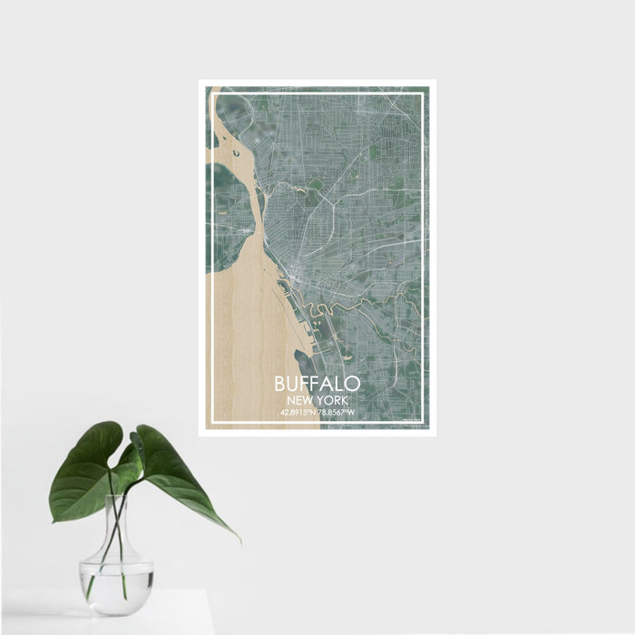 16x24 Buffalo New York Map Print Portrait Orientation in Afternoon Style With Tropical Plant Leaves in Water