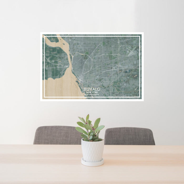 24x36 Buffalo New York Map Print Lanscape Orientation in Afternoon Style Behind 2 Chairs Table and Potted Plant