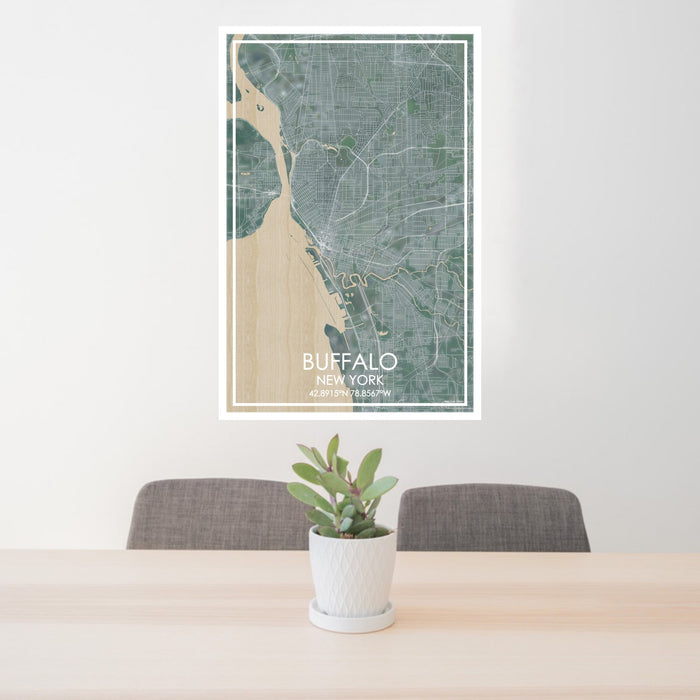 24x36 Buffalo New York Map Print Portrait Orientation in Afternoon Style Behind 2 Chairs Table and Potted Plant