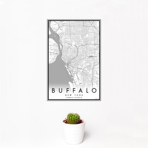 12x18 Buffalo New York Map Print Portrait Orientation in Classic Style With Small Cactus Plant in White Planter