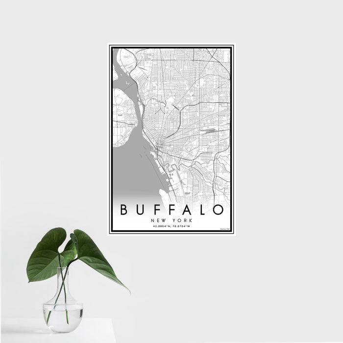 16x24 Buffalo New York Map Print Portrait Orientation in Classic Style With Tropical Plant Leaves in Water