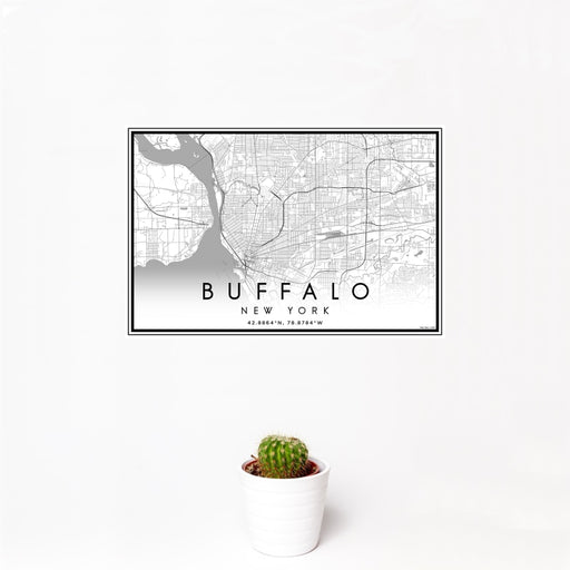 12x18 Buffalo New York Map Print Landscape Orientation in Classic Style With Small Cactus Plant in White Planter