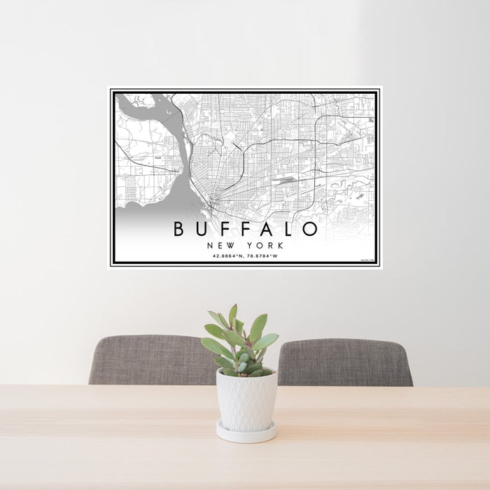 24x36 Buffalo New York Map Print Landscape Orientation in Classic Style Behind 2 Chairs Table and Potted Plant