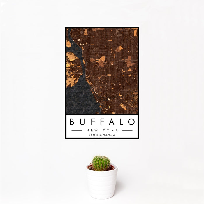12x18 Buffalo New York Map Print Portrait Orientation in Ember Style With Small Cactus Plant in White Planter