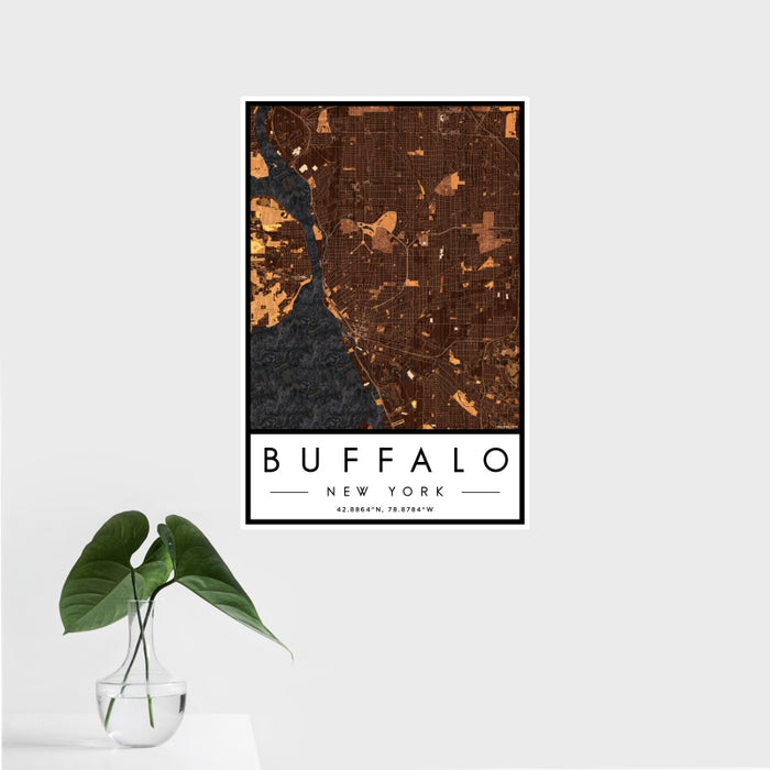 16x24 Buffalo New York Map Print Portrait Orientation in Ember Style With Tropical Plant Leaves in Water