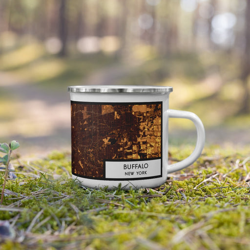 Right View Custom Buffalo New York Map Enamel Mug in Ember on Grass With Trees in Background