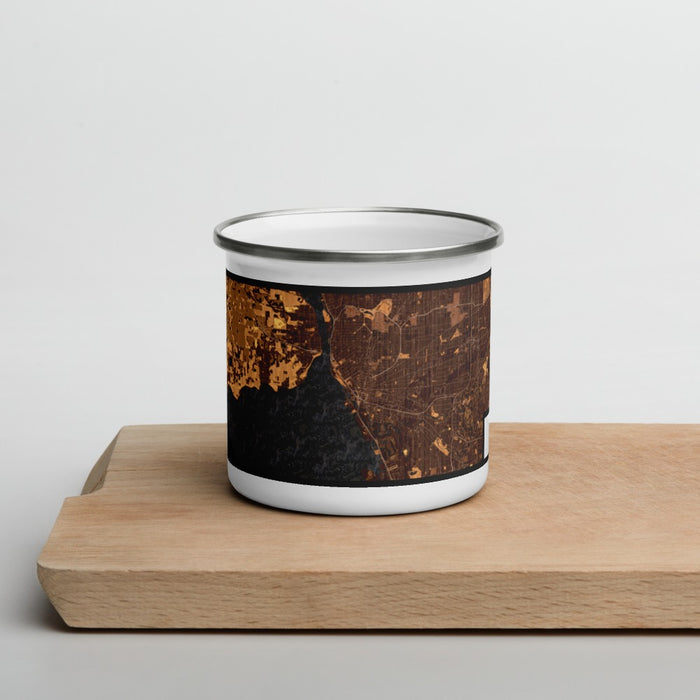 Front View Custom Buffalo New York Map Enamel Mug in Ember on Cutting Board