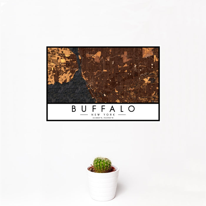 12x18 Buffalo New York Map Print Landscape Orientation in Ember Style With Small Cactus Plant in White Planter
