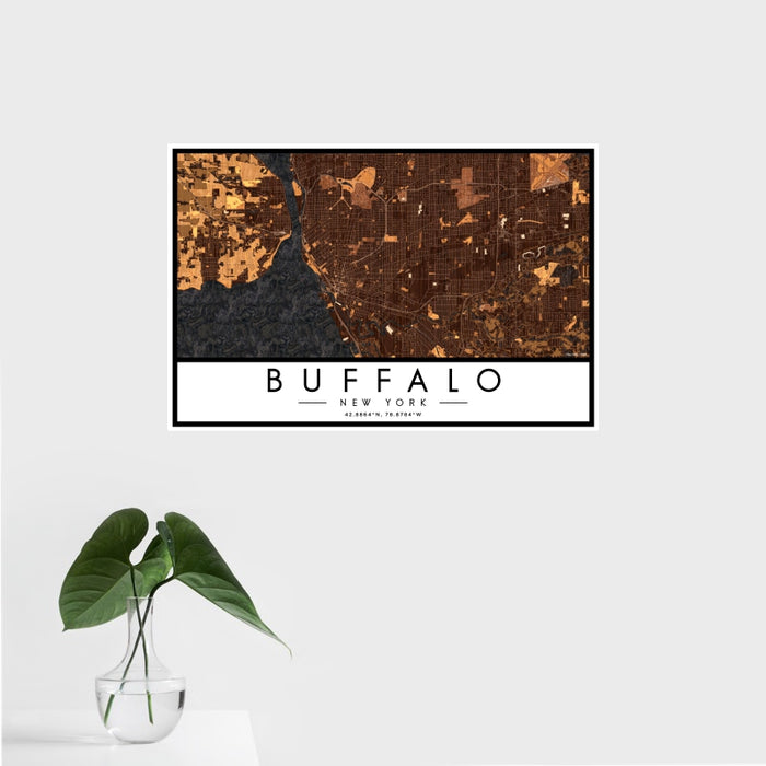 16x24 Buffalo New York Map Print Landscape Orientation in Ember Style With Tropical Plant Leaves in Water