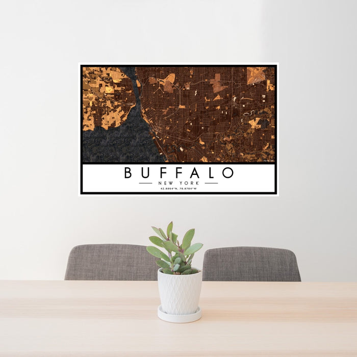 24x36 Buffalo New York Map Print Landscape Orientation in Ember Style Behind 2 Chairs Table and Potted Plant
