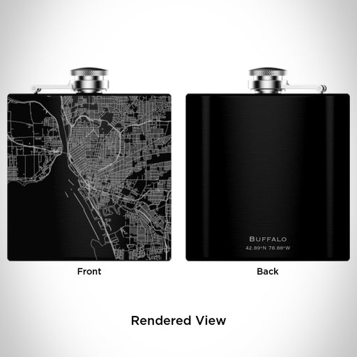 Rendered View of Buffalo New York Map Engraving on 6oz Stainless Steel Flask in Black