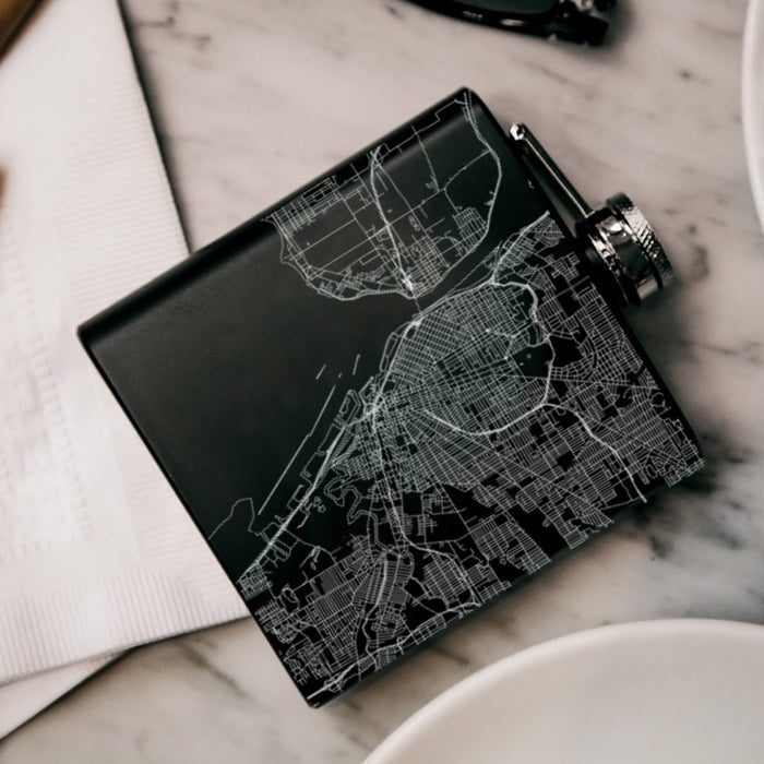 Buffalo New York Custom Engraved City Map Inscription Coordinates on 6oz Stainless Steel Flask in Black