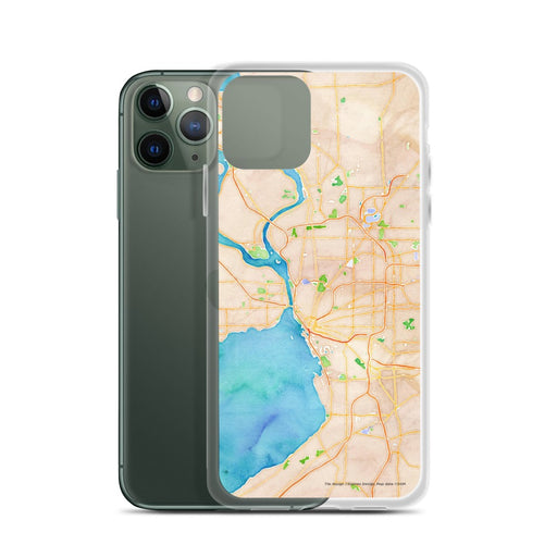 Custom Buffalo New York Map Phone Case in Watercolor on Table with Laptop and Plant