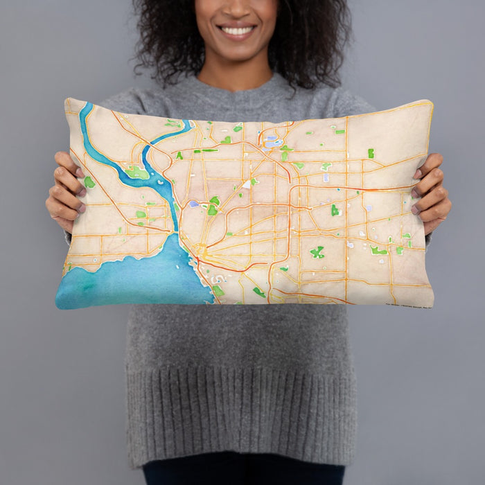 Person holding 20x12 Custom Buffalo New York Map Throw Pillow in Watercolor