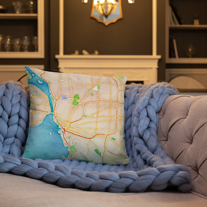 Custom Buffalo New York Map Throw Pillow in Watercolor on Cream Colored Couch