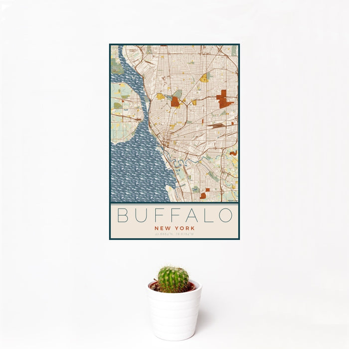 12x18 Buffalo New York Map Print Portrait Orientation in Woodblock Style With Small Cactus Plant in White Planter