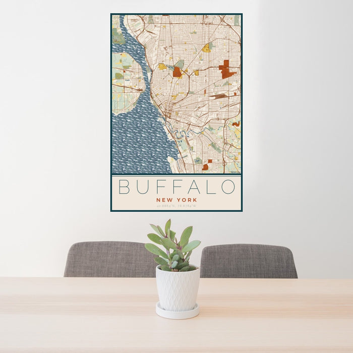 24x36 Buffalo New York Map Print Portrait Orientation in Woodblock Style Behind 2 Chairs Table and Potted Plant