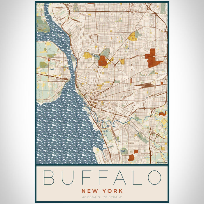 Buffalo New York Map Print Portrait Orientation in Woodblock Style With Shaded Background