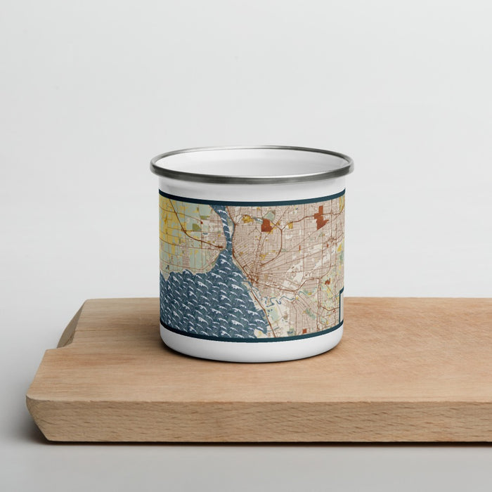 Front View Custom Buffalo New York Map Enamel Mug in Woodblock on Cutting Board