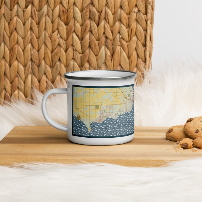Left View Custom Buffalo New York Map Enamel Mug in Woodblock on Table Top