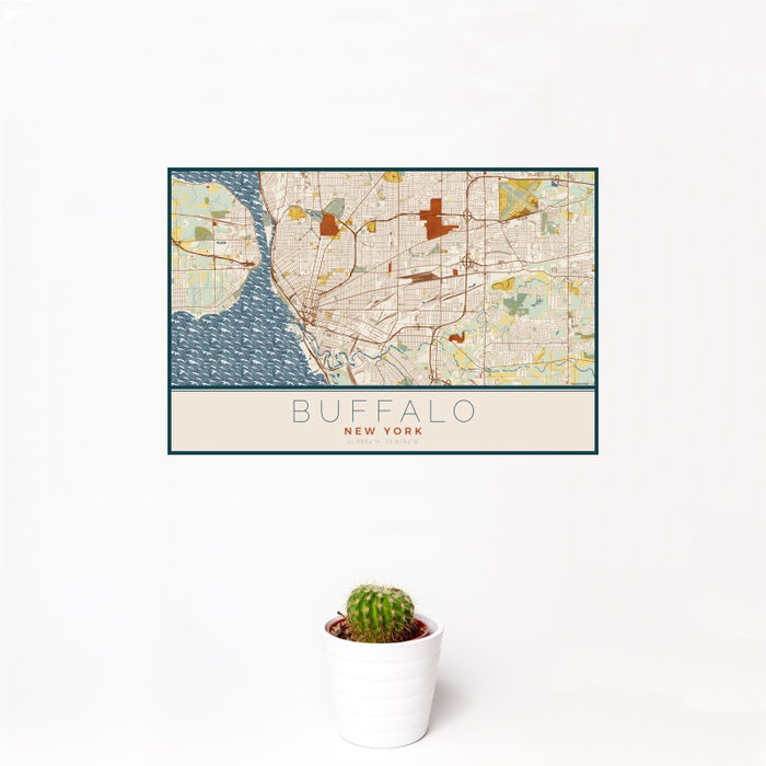 12x18 Buffalo New York Map Print Landscape Orientation in Woodblock Style With Small Cactus Plant in White Planter
