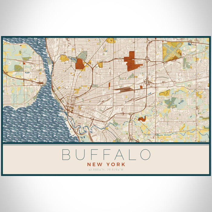 Buffalo New York Map Print Landscape Orientation in Woodblock Style With Shaded Background