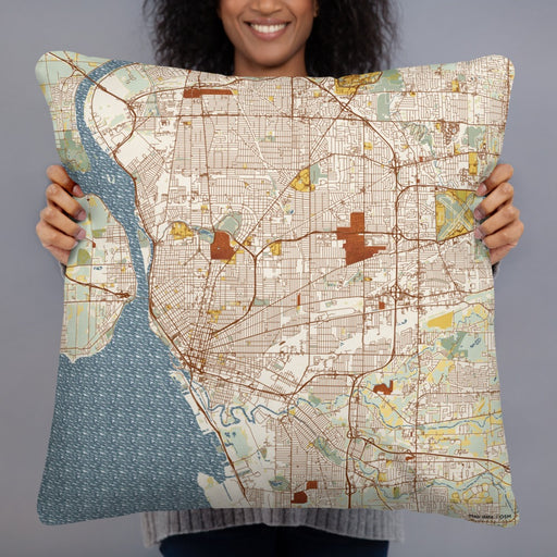 Person holding 22x22 Custom Buffalo New York Map Throw Pillow in Woodblock