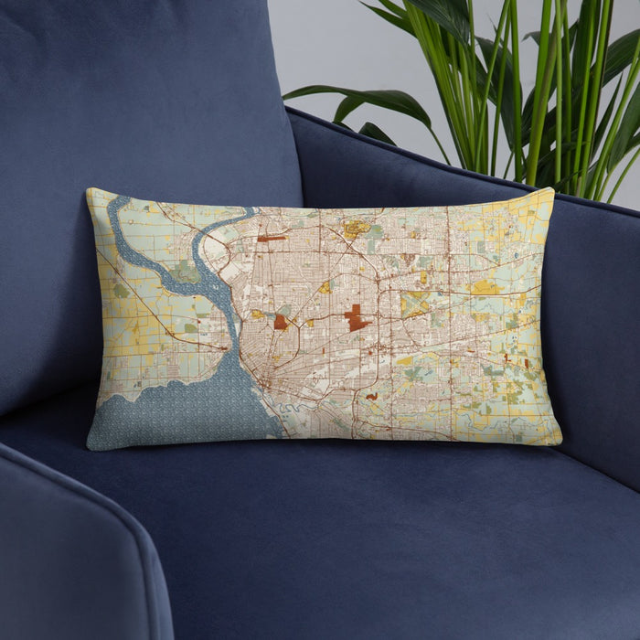 Custom Buffalo New York Map Throw Pillow in Woodblock on Blue Colored Chair