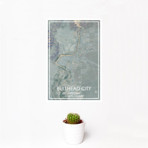 12x18 Bullhead City Arizona Map Print Portrait Orientation in Afternoon Style With Small Cactus Plant in White Planter