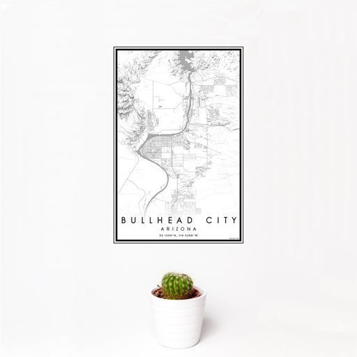 12x18 Bullhead City Arizona Map Print Portrait Orientation in Classic Style With Small Cactus Plant in White Planter