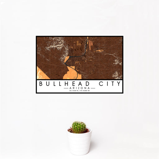 12x18 Bullhead City Arizona Map Print Landscape Orientation in Ember Style With Small Cactus Plant in White Planter