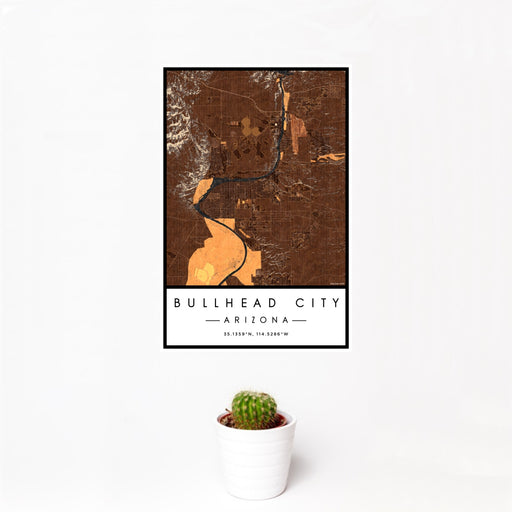 12x18 Bullhead City Arizona Map Print Portrait Orientation in Ember Style With Small Cactus Plant in White Planter