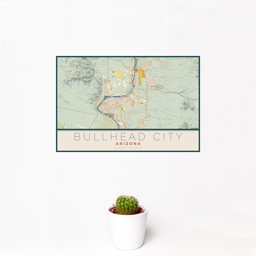 12x18 Bullhead City Arizona Map Print Landscape Orientation in Woodblock Style With Small Cactus Plant in White Planter