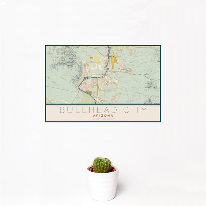 12x18 Bullhead City Arizona Map Print Landscape Orientation in Woodblock Style With Small Cactus Plant in White Planter