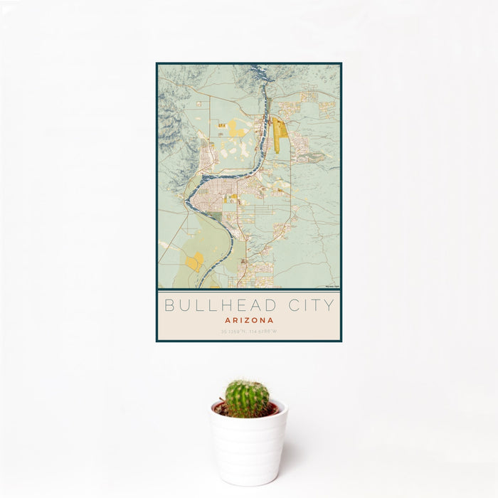12x18 Bullhead City Arizona Map Print Portrait Orientation in Woodblock Style With Small Cactus Plant in White Planter