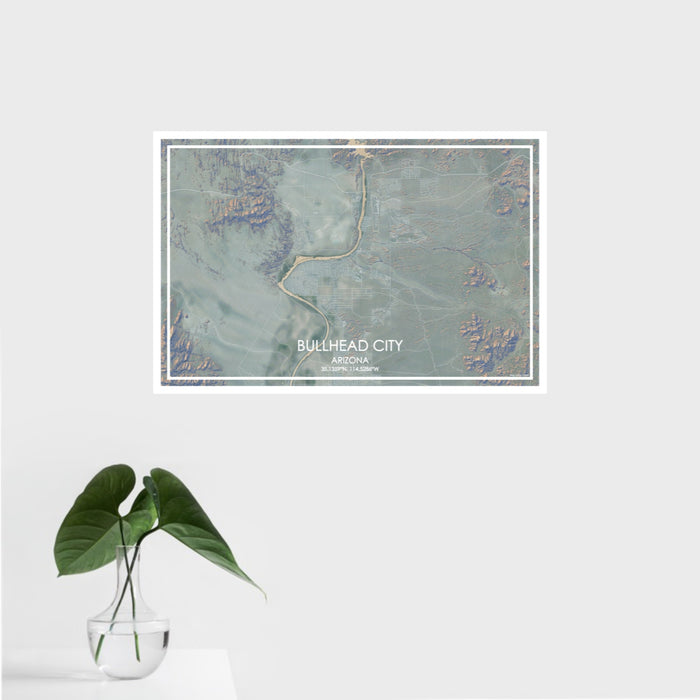 16x24 Bullhead City Arizona Map Print Landscape Orientation in Afternoon Style With Tropical Plant Leaves in Water