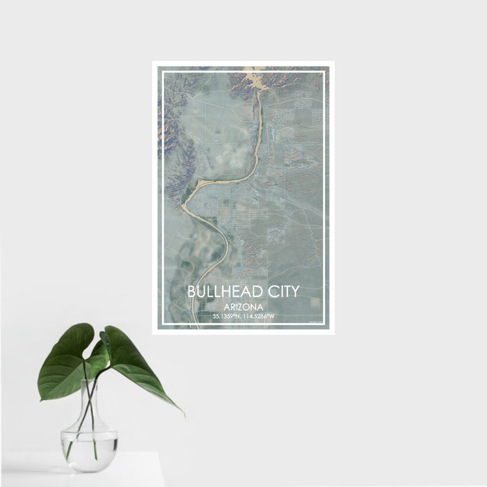 16x24 Bullhead City Arizona Map Print Portrait Orientation in Afternoon Style With Tropical Plant Leaves in Water