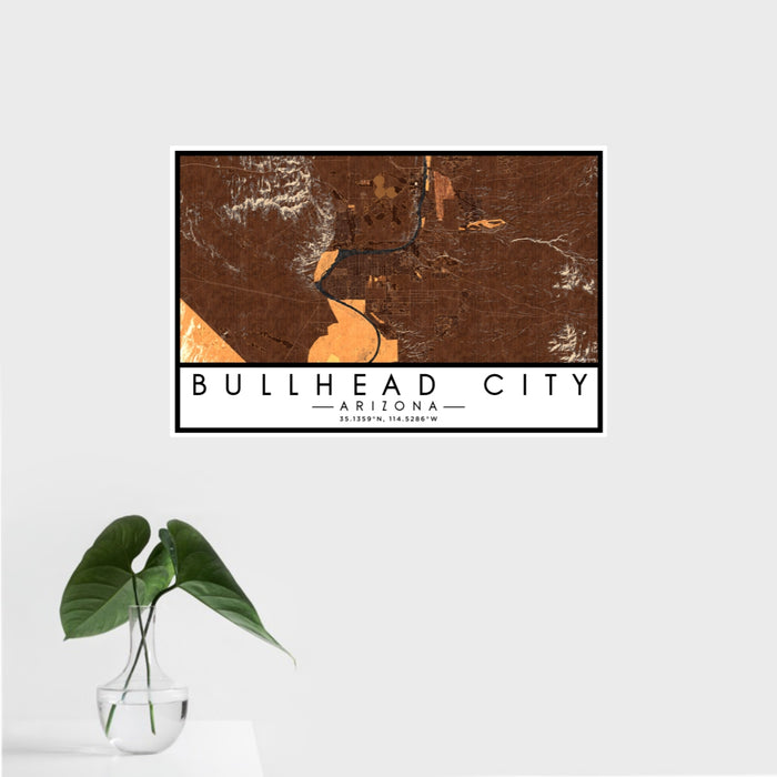 16x24 Bullhead City Arizona Map Print Landscape Orientation in Ember Style With Tropical Plant Leaves in Water