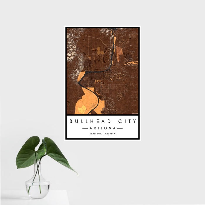 16x24 Bullhead City Arizona Map Print Portrait Orientation in Ember Style With Tropical Plant Leaves in Water