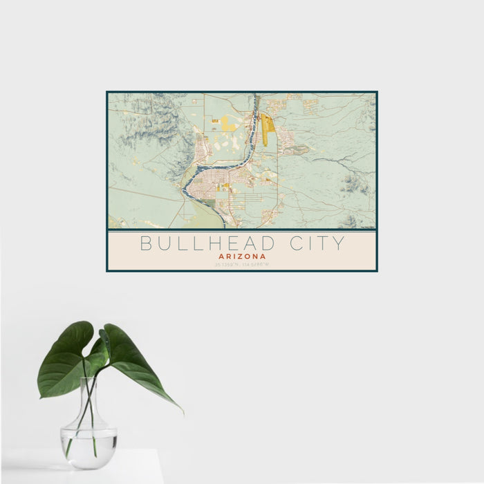 16x24 Bullhead City Arizona Map Print Landscape Orientation in Woodblock Style With Tropical Plant Leaves in Water